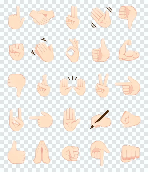 Kézmozdulat Emojis Ikonok Gyűjtemény Kézfogás Bicepsz Taps Hüvelykujj Béke Rock — Stock Vector
