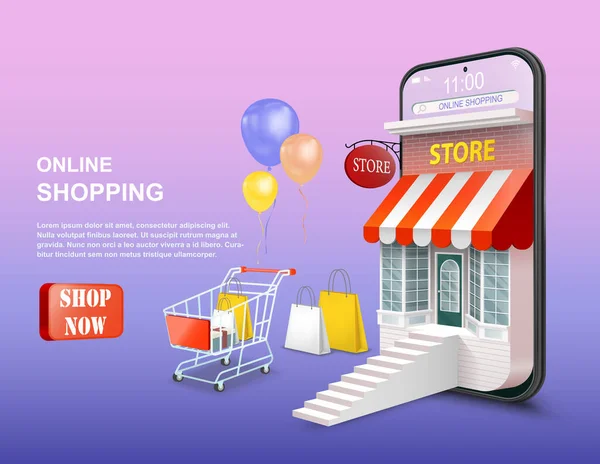 Cep telefonu uygulaması ya da web sitesi konsepti üzerinden alışveriş çevrimiçi. Dijital Pazarlama Tanıtımı. Smartphone as a Store 3D Vektör İllüstrasyonu