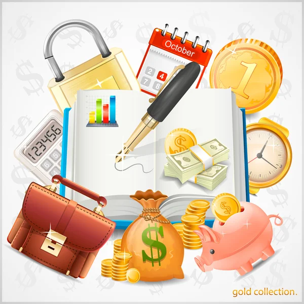 Artículos de negocios, dinero, monedas de oro vector — Vector de stock
