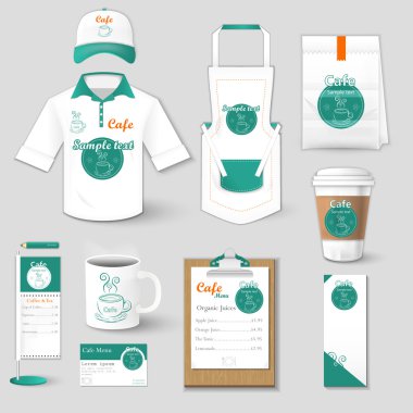 Set of restaurant corporate identity, burgers, uniform, flyer, shirt, cup, menu, package, coffee cup vector illustration