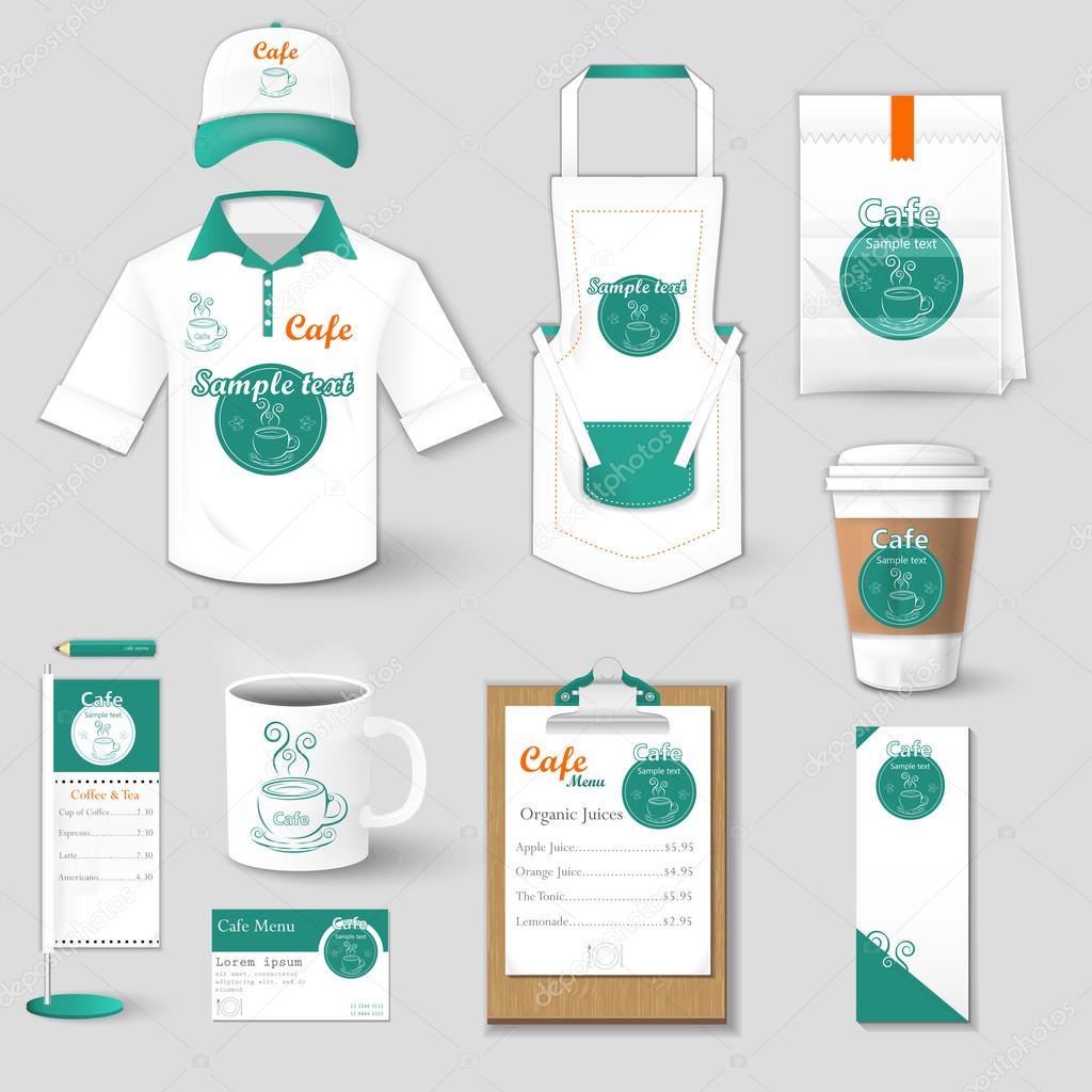 Set of restaurant corporate identity, burgers, uniform, flyer, shirt, cup, menu, package, coffee cup vector illustration