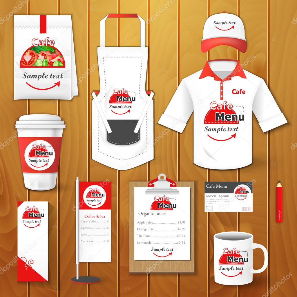 Set of restaurant corporate identity, burgers, uniform, flyer, shirt, cup, menu, package, apron,  coffee cup vector illustration