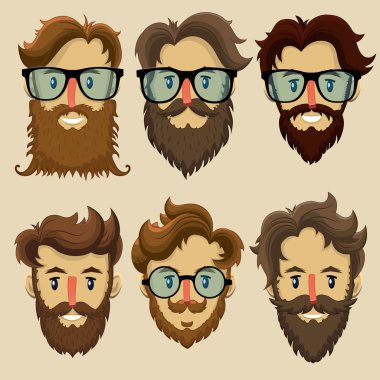Hipster karakterler, alt kültür, retro saç modeli, sakallı yüzler