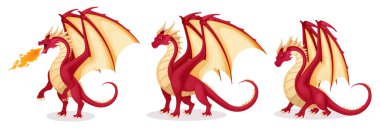 Çizgi film fantezi ejderhaları. Efsanevi yaratıklar ateş püskürtüyor, uyuyor ve uçuyor. Kanatları, pençeleri ve dişleri olan kırmızı ve sarı peri sürüngeni. Vektör illüstrasyonu.