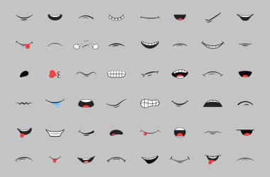 Farklı duygu ve ruh hallerini gösteren çeşitli karikatür ağız ifadeleri koleksiyonu, gri arka planda izole, emoji veya karakter tasarımı için kullanışlı.