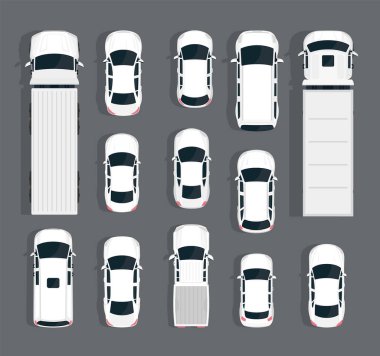 Arka planda beyaz araba, minibüs ve kamyonlar var. Vektör illüstrasyonu