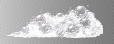 Şeffaf arkaplan vektörü illüstrasyonunda baloncuklu gerçekçi beyaz sabun köpüğü şekli