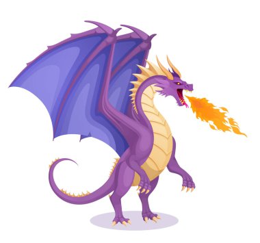 Büyük kanatları ve ateşli nefesi olan mor ejder yaratığı. Vektör illüstrasyonu