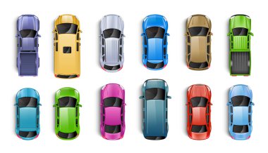 Çeşitli renkli arabalar üst görüş seti. Beyaz arka planda izole edilmiş. Vektör illüstrasyonu