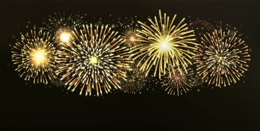 Koyu arkaplan vektör illüstrasyonunda altın havai fişek kutlaması