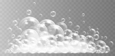Şeffaf arka planda izole edilmiş yüzen hava kabarcıkları olan gerçekçi beyaz sabun köpüğü. Vektör illüstrasyonu