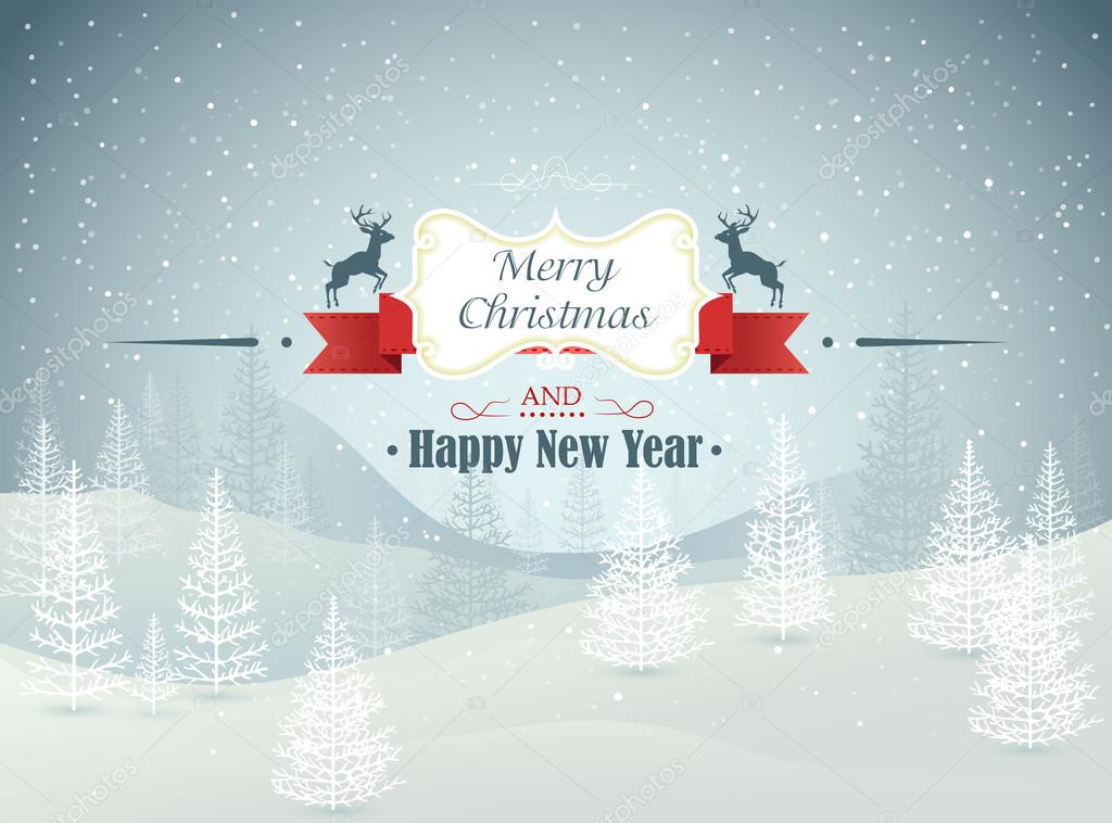 Merry Christmas and Happy New Year forest winter landscape with snowfall vector illustration