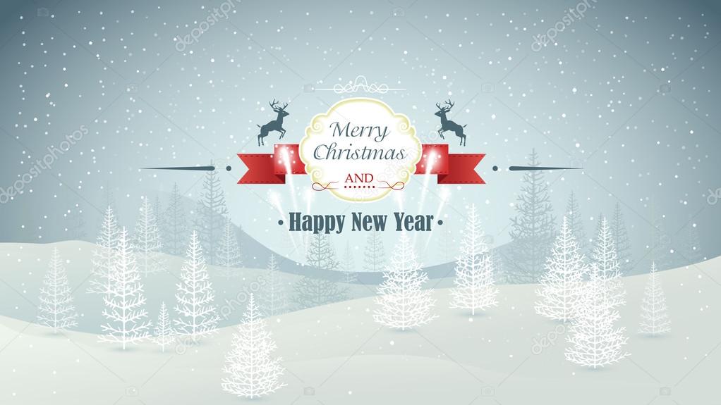 Merry Christmas and Happy New Year forest winter landscape with snowfall and fireworks vector illustration