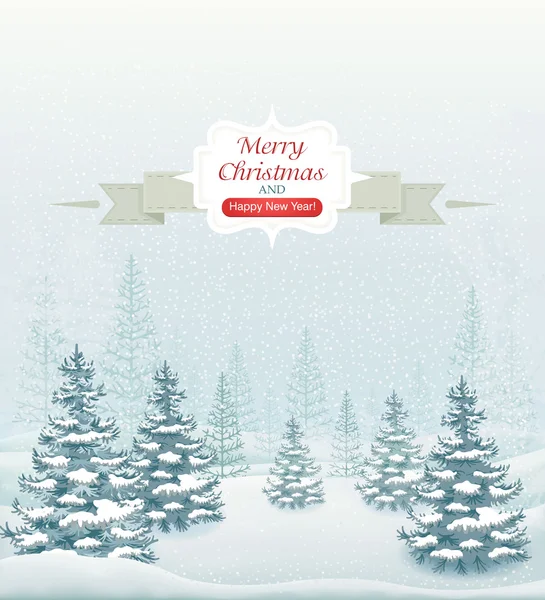 Buon Natale e felice anno nuovo foresta paesaggio invernale con nevicate e abeti vettori illustrazione — Vettoriale Stock