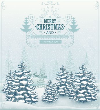 Neşeli Noel ve mutlu yeni yıl kar yağışı ve Ladin vintage vektör çizim ile kış manzara orman