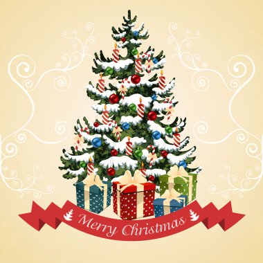 Topları, şeker, hediyeler ve mumlar ile Noel ağacı. Noel kartı vektör çizim.