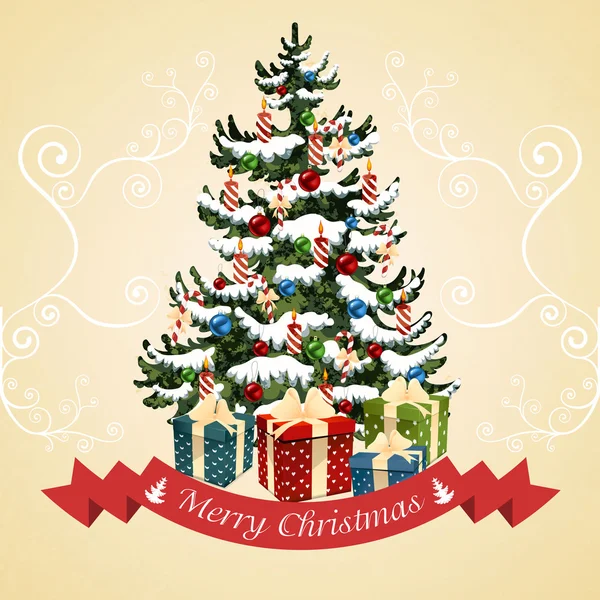 Albero di Natale con palline, caramelle, regali e candele. Illustrazione vettoriale biglietto di Natale . — Vettoriale Stock