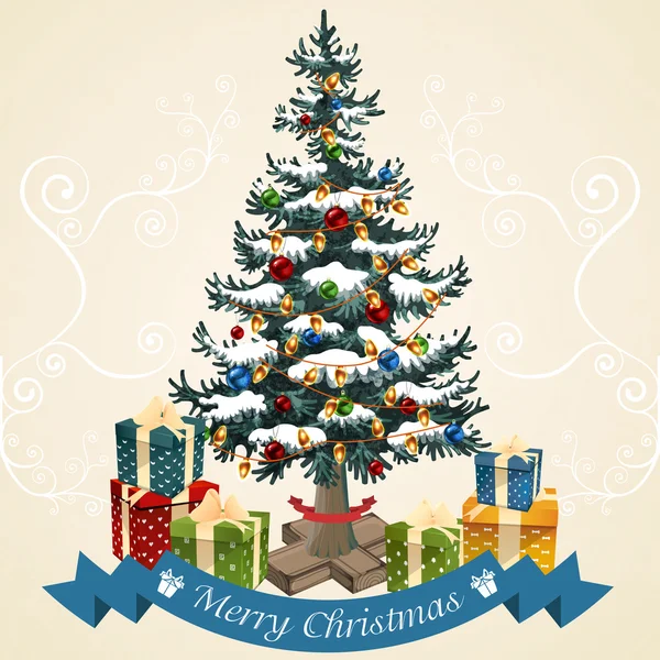Albero di Natale con palline, ghirlanda e regali. Illustrazione vettoriale biglietto di Natale . — Vettoriale Stock