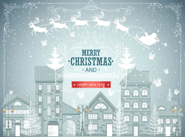 Natale città paesaggio, urbano inverno sfondo, vintage card, neve vettoriale illustrazione — Vettoriale Stock
