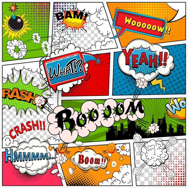 Comic book pagina gedeeld door lijnen van spraak bubbels, geluiden effect. Retro achtergrond mock-up. Strips sjabloon. Vectorillustratie — Stockvector