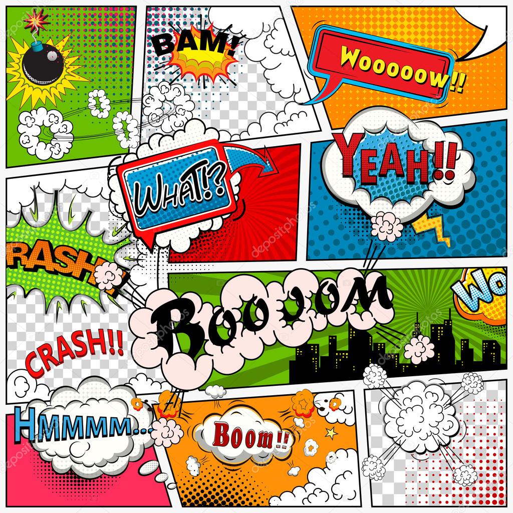 Comic book page divided by lines with speech bubbles, sounds effect. Retro background mock-up. Comics template. Vector illustration