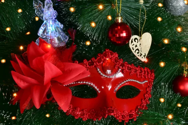 New Year Masquerade Mask Red Sequins Spruce Branch Garlands Lights — Stock Photo, Image