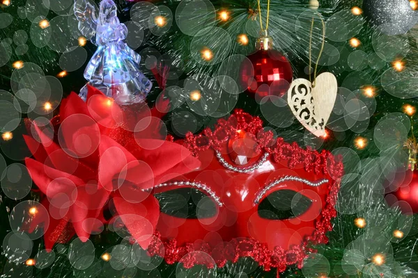 New Year Masquerade Mask Red Sparkles Spruce Branch Bokeh Stars — Stock Photo, Image