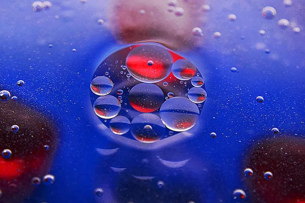 Defocused Abstract Background Blue Red Oil Bubbles Water Macro Photography Stock Picture