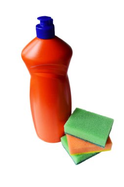 Beyaz arka planda izole edilmiş bulaşık deterjanı olan üç sünger..