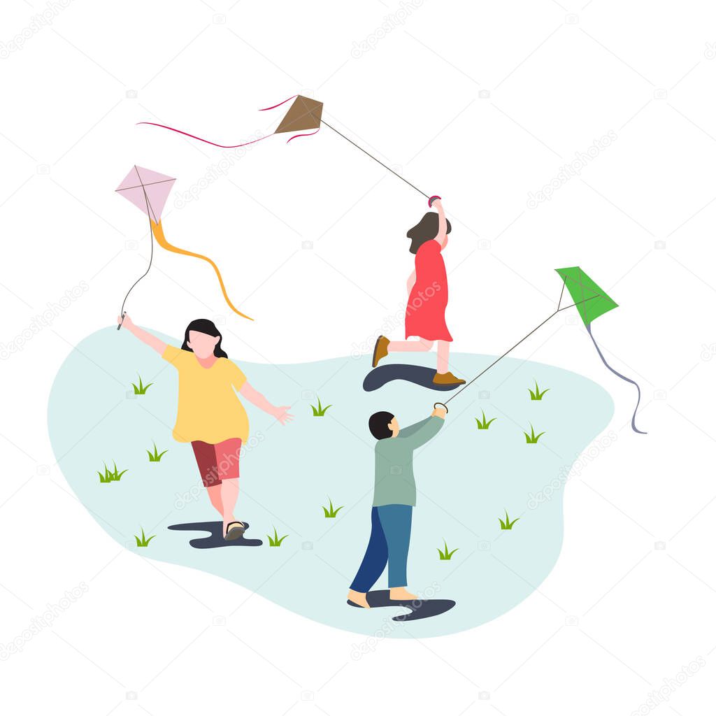Vector illustration children playing kites in the field. Kids running around playing traditional kites. Outdor flat illustration 