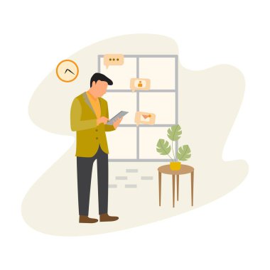 İş adamı illüstrasyonu. İşini tabletle yapmakla meşgul bir iş adamının düz çizimi. Modern vektör karikatür tasarımı arkaplan, duvar kağıdı, afiş, poster, broşür için uygun.