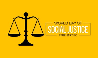 Dünya Sosyal Adalet Günü, yoksulluk, cinsiyet eşitliği gibi sorunlarla başa çıkma çabalarını da içeren sosyal adaletin desteklenmesi gereğinin tanındığı uluslararası bir gündür. Vektör illüstrasyonu.