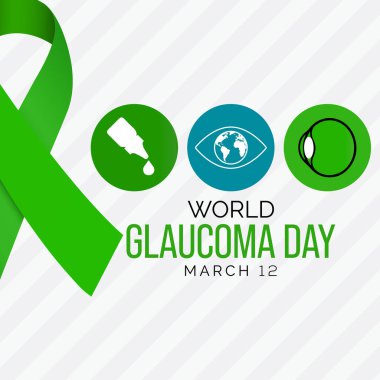 Her yıl 12 Mart 'ta gözlemlenen Dünya Glaucoma Günü temalı vektör illüstrasyonunda, Glaucoma, gözü beyine bağlayan optik sinirlerin hasar gördüğü yaygın bir göz durumu.