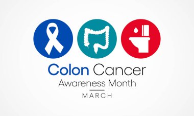 Renkli Kanser Farkındalık Ayı konulu vektör illüstrasyonu. Kalın bağırsakta başlayan bir kanser türüdür. Kalın bağırsak sindirim sisteminin son kısmı..