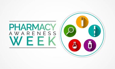 Her yıl Mart 'ın ilk haftasında yapılan eczacılık farkındalığı haftası, eczacının birden fazla rolünü tanıma zamanıdır. vektör illüstrasyonu.
