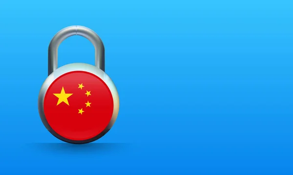 南京錠の青い背景に隔離された中国の国旗 コロナウイルスのロックダウンの概念 Covid 19ベクトルイラスト — ストックベクタ