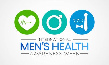 Erkekler sağlık haftası her yıl Haziran ayında gözlemlenmekte olup, erkekler için sağlık hizmetleri hakkındaki farkındalığı artırmak ve çocukları sağlıklı yaşam kararlarını uygulamaya ve uygulamaya teşvik etmeye odaklanmak için kullanılmaktadır. Vektör sanatı.