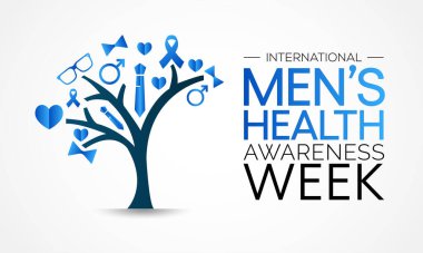 Erkekler sağlık haftası her yıl Haziran ayında gözlemlenmekte olup, erkekler için sağlık hizmetleri hakkındaki farkındalığı artırmak ve çocukları sağlıklı yaşam kararlarını uygulamaya ve uygulamaya teşvik etmeye odaklanmak için kullanılmaktadır. Vektör sanatı.