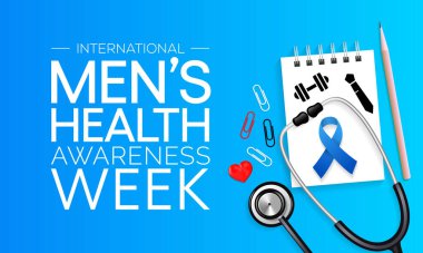 Erkekler sağlık haftası her yıl Haziran ayında gözlemlenmekte olup, erkekler için sağlık hizmetleri hakkındaki farkındalığı artırmak ve çocukları sağlıklı yaşam kararlarını uygulamaya ve uygulamaya teşvik etmeye odaklanmak için kullanılmaktadır. Vektör sanatı.