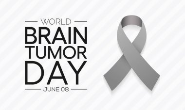 Dünya Beyin Tümörü Günü her yıl 8 Haziran 'da kutlanır. Beyinde tümör adı verilen kitleler oluşturan hücrelerin aşırı büyümesidir. Vücudun çalışma şeklini bozabilirler. Vektör illüstrasyonu.
