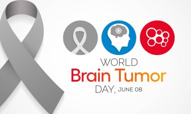 Dünya Beyin Tümörü Günü her yıl 8 Haziran 'da kutlanır. Beyinde tümör adı verilen kitleler oluşturan hücrelerin aşırı büyümesidir. Vücudun çalışma şeklini bozabilirler. Vektör illüstrasyonu.