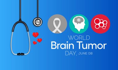 Dünya Beyin Tümörü Günü her yıl 8 Haziran 'da kutlanır. Beyinde tümör adı verilen kitleler oluşturan hücrelerin aşırı büyümesidir. Vücudun çalışma şeklini bozabilirler. Vektör illüstrasyonu.