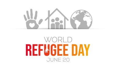Dünya Mülteci Günü her yıl 20 Haziran 'da kutlanıyor, savaştan, zulümden veya doğal afetten kaçmak için ülkelerini terk etmek zorunda bırakılan kişiler. Vektör illüstrasyonu.