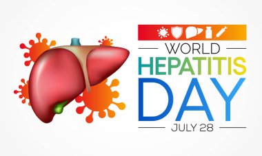 Dünya Hepatit Günü her yıl 28 Temmuz 'da gözlemlenir, karaciğer iltihaplandığında veya hasar gördüğünde, işlevi etkilenebilir ve bazı tıbbi durumlar hepatite neden olabilir. Vektör illüstrasyonu.
