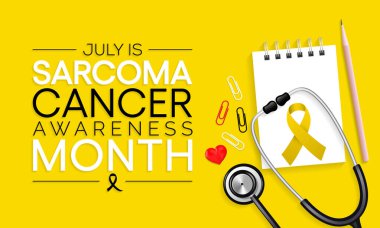 Sarkoma kanseri farkındalığı her yıl Temmuz ayında gözlemlenir, bu kanser türü kemik veya vücudun yumuşak dokularında, kıkırdak, yağ ve kas dahil olmak üzere başlar. Vektör illüstrasyonu.