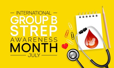 B Grubu Streptococcus farkındalık ayı her yıl Temmuz ayında gözlemlenmektedir, bunlar vücutta doğal olarak ortaya çıkan ve giden bakterilerdir. Çoğu zaman bakteriler zararlı değildir. Vektör illüstrasyonu.