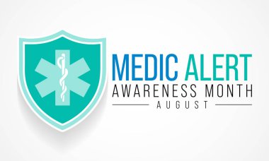 Medic Alert Alert Kimlikleri 'nin ihtiyaçları ve kullanımları hakkında halkı eğitmeye adanmış olarak, Ağustos ayında her yıl Medic Alert Alert ayı gözlemlenmektedir. Vektör illüstrasyonu.