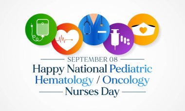 Ulusal Pediatrik Hematoloji Onkoloji Hemşireler Günü her yıl 8 Eylül 'de kutlanır, hastalara her gün bakım yapan çalışkan ve kendini işine adamış profesyonelleri tanır. Vektör illüstrasyonu