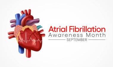 Ulusal Atrial Fibrillation (AFIB) Farkındalık Ayı Eylül ayında her yıl gözlemlenmekte olup, bu durum düzensiz ve sıklıkla anormal hızlı kalp hızına neden olan bir kalp rahatsızlığıdır. Vektör illüstrasyonu