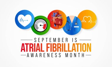 Ulusal Atrial Fibrillation (AFIB) Farkındalık Ayı Eylül ayında her yıl gözlemlenmekte olup, bu durum düzensiz ve sıklıkla anormal hızlı kalp hızına neden olan bir kalp rahatsızlığıdır. Vektör illüstrasyonu